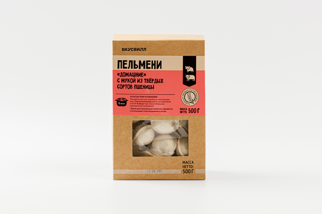 

Пельмени ВкусВилл Домашние с мукой из твёрдых сортов пшеницы заморозка 500 г