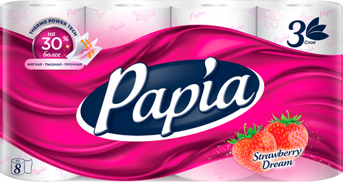 

Туалетная бумага Papia Клубничная мечта 3 слоя 8 рулонов
