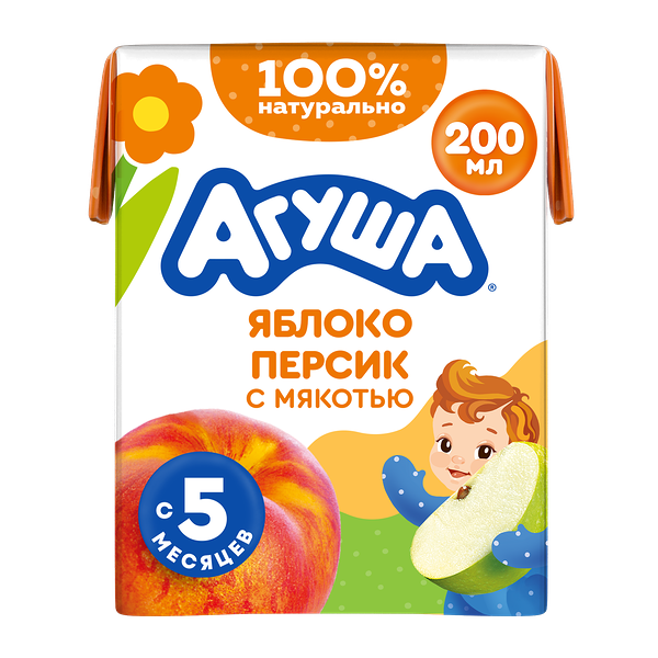 Сок детский Агуша Яблоко-персик с мякотью с 5 месяцев 200 мл