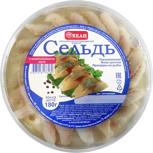 

Сельдь Тихоокеанская Океан филе-кусочки в ароматизированном масле, 180 г