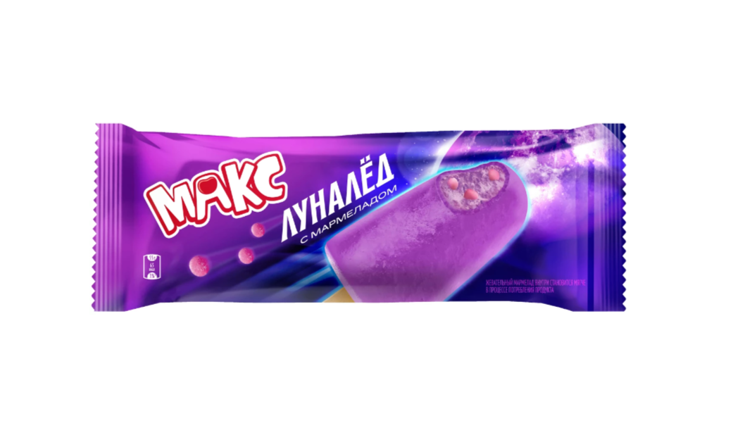 

Мороженое Max Фруктовый лед со вкусом земляники с мармеладом бабл-гам Луналед 55 г