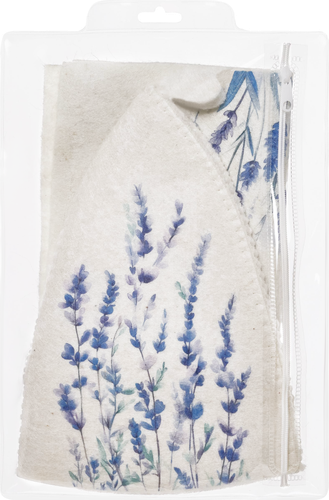

Набор для бани и сауны Eva Шапка и коврик с принтом лаванда в косметичке арт. Б1501Л