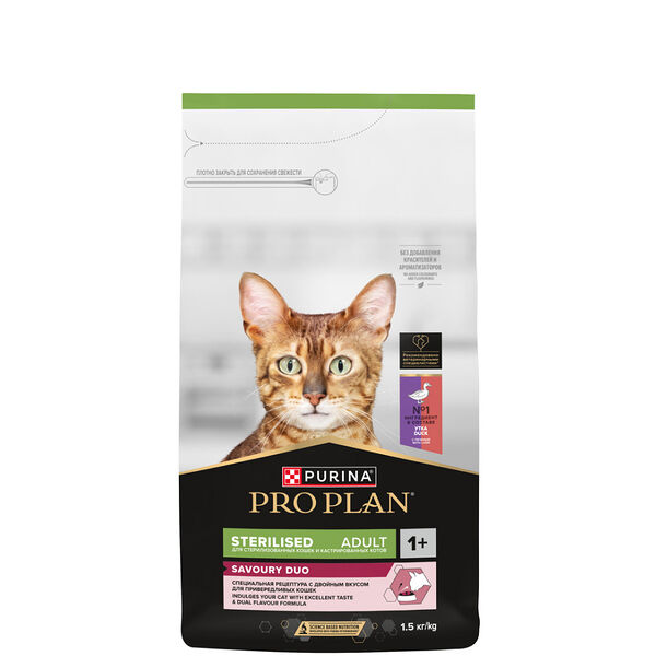 Сухой корм Pro Plan® Sterilised Savoury Duo с двойным вкусом для взрослых стерилизованных привередливых кошек, с уткой и с печенью 1.5 кг