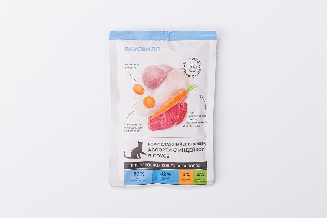 

Корм для кошек ВкусВилл Ассорти с индейкой в соусе 85 г