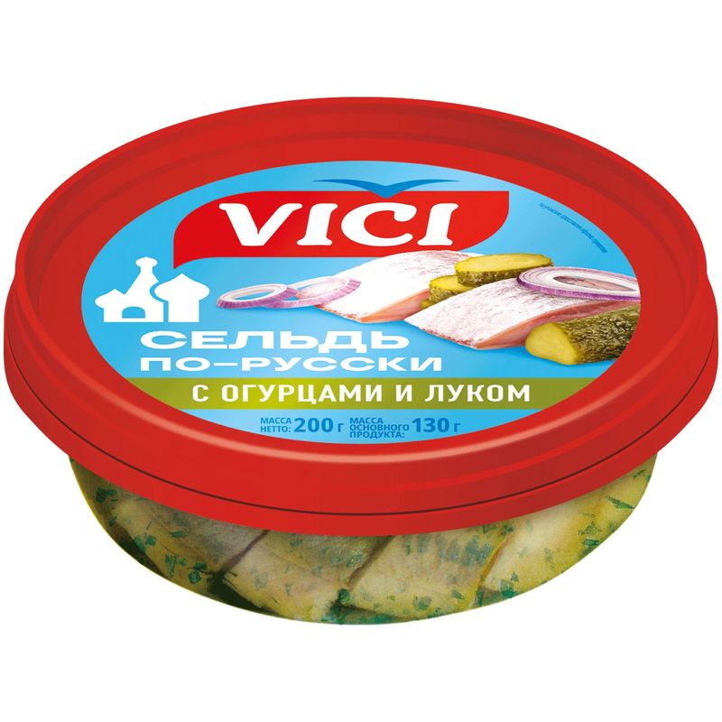 

Филе-кусочки сельди Vici По-русски с огурцами и луком в масле 200 г
