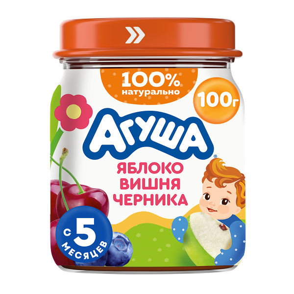 Пюре фруктовое детское Агуша Яблоко-Черника-Вишня с 5 месяцев 100 г