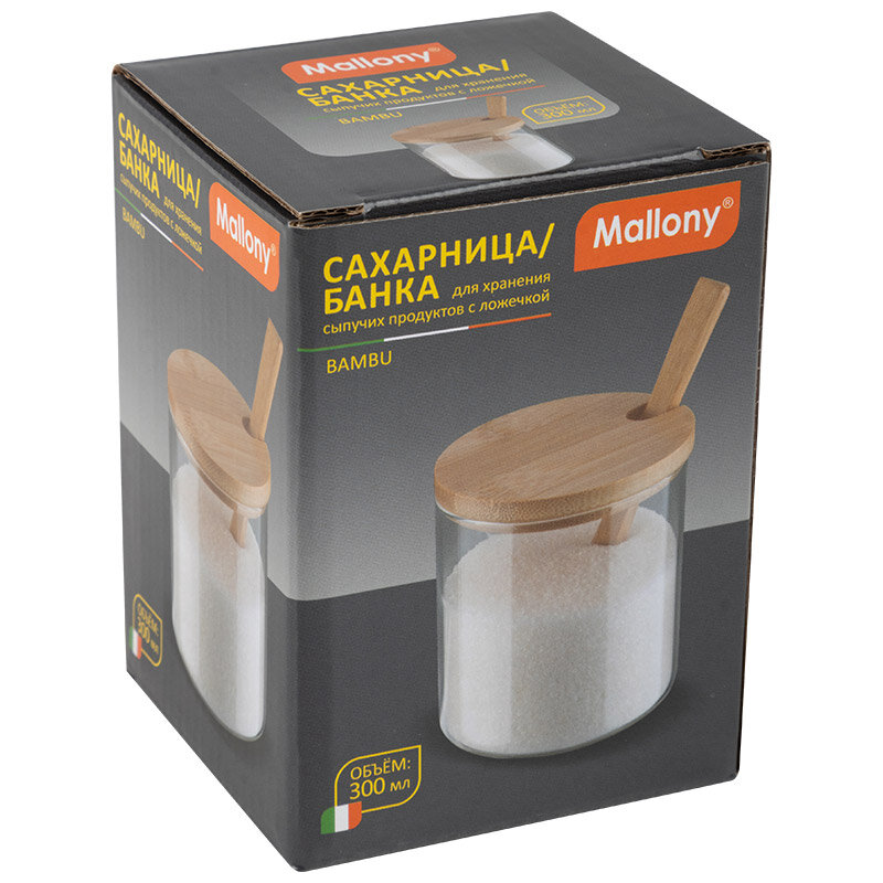 

Банка для хранения Mallony Bambu стеклянная с крышкой и ложечкой из бамбука 300 мл
