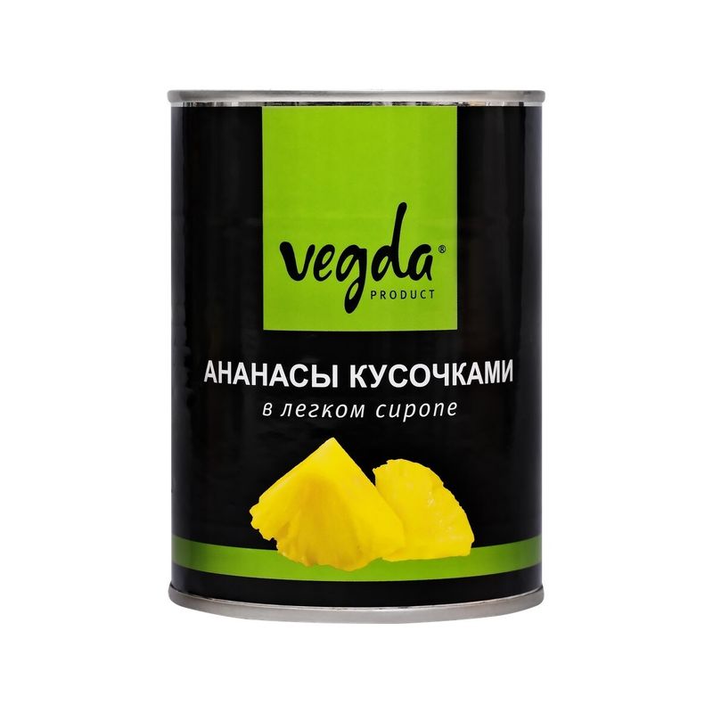 

Ананасы Vegda кусочками в легком сиропе 580 мл