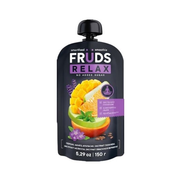 Пюре из яблок, персиков и манго с доб апельсин сока, льняной клетчатки,экстрактов вербены,мелиссы и лаванды FRUDS 150г