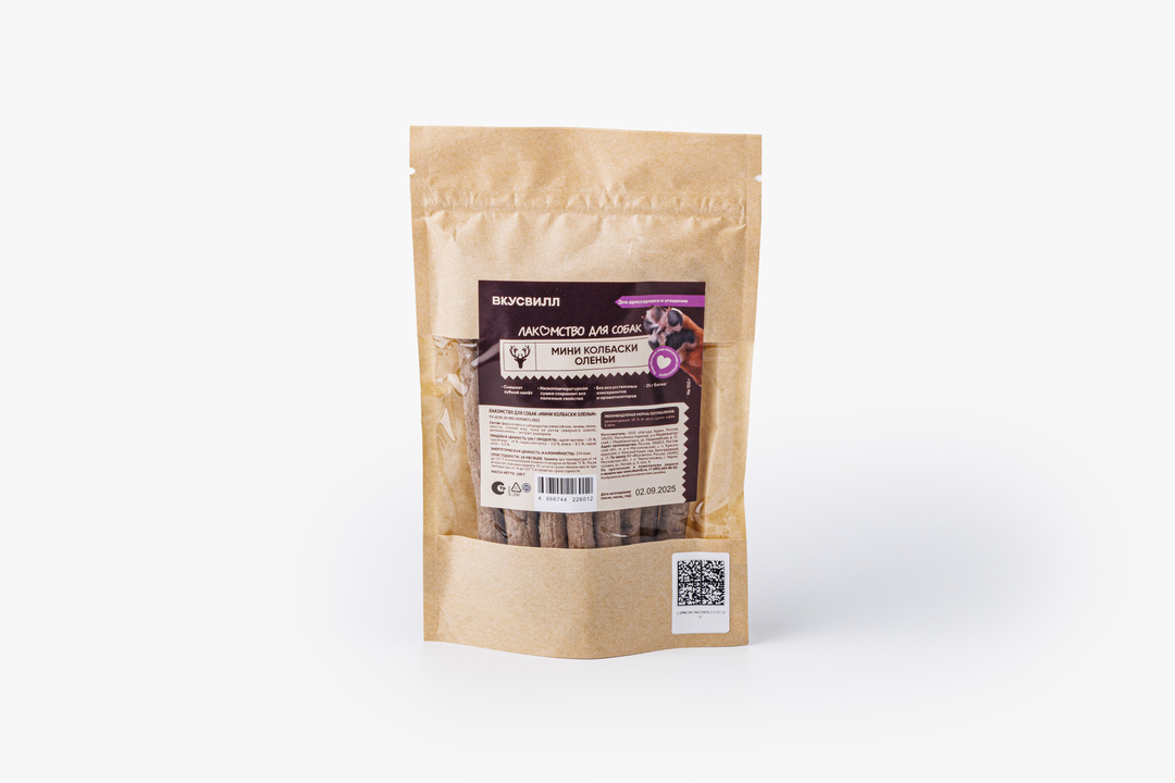 

Лакомство для собак ВкусВилл Мини колбаски оленьи 100 г