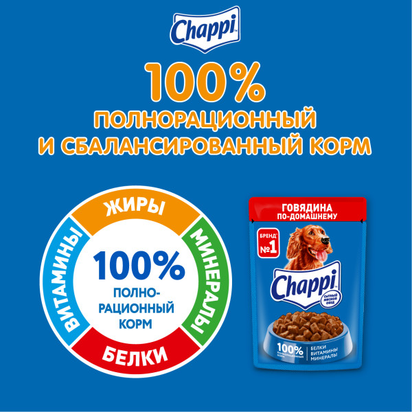 

Влажный корм для собак Chappi Сытный мясной обед с говядиной по-домашнему 85 г