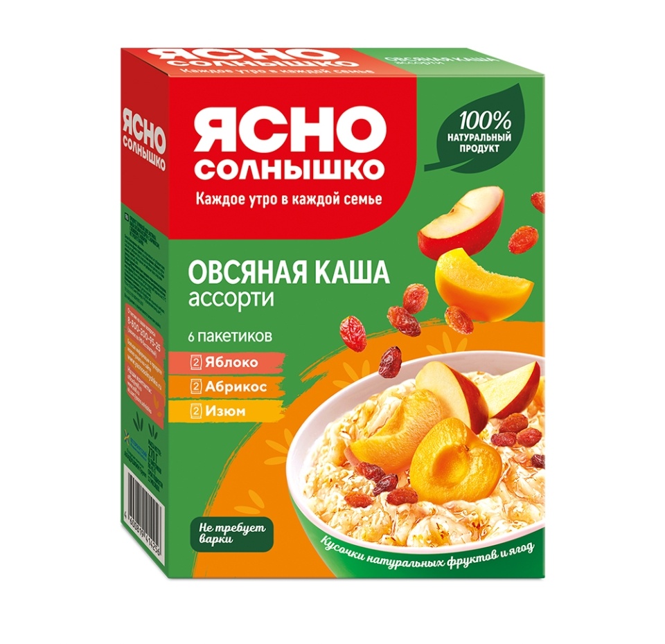 

Каша овсяная ассорти №3 (яблоко, абрикос, изюм), «Ясно солнышко», 6х45 г, 270 г, Россия