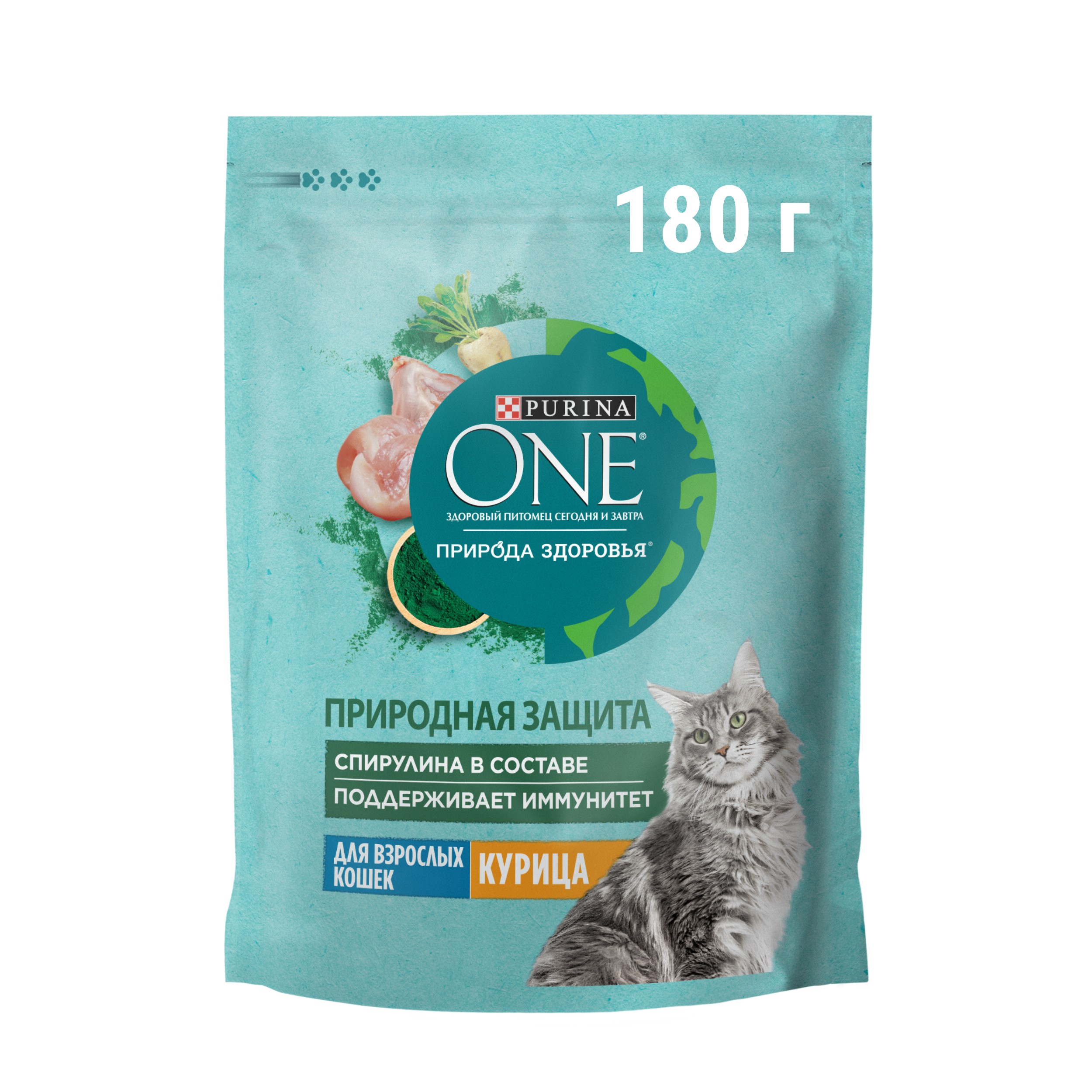

Сухой корм Purina One Природа Здоровья для взрослых кошек со спирулиной, с высоким содержанием курицы 180 г