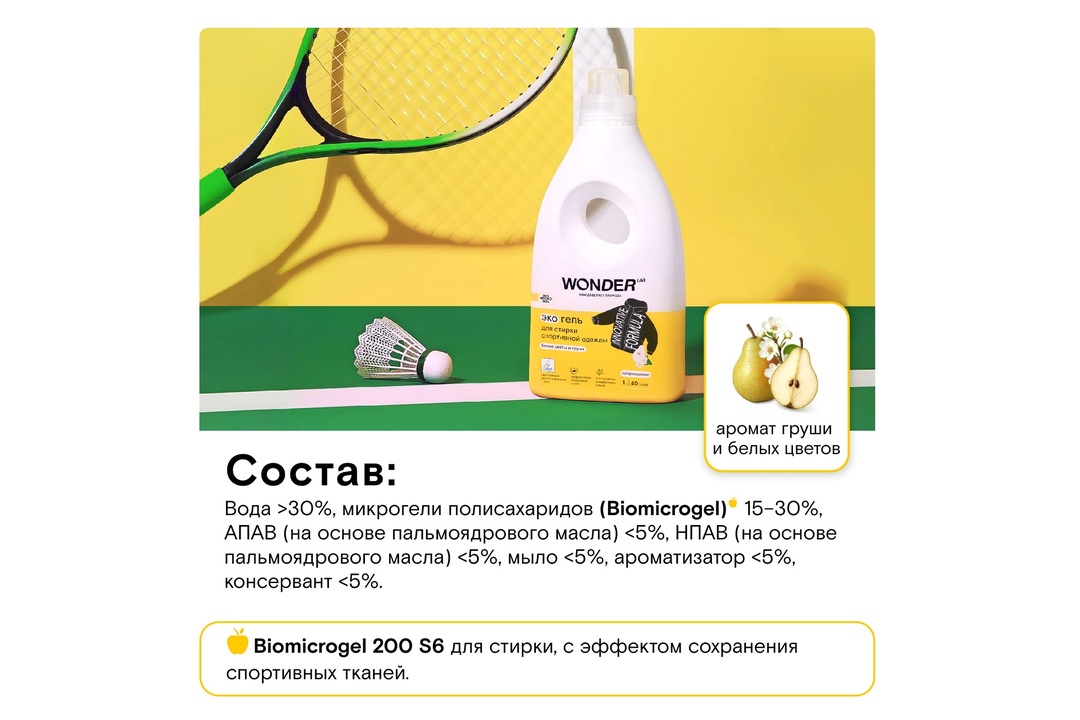 

Экогель для стирки спортивной одежды Wonder Lab Белые цветы и груша 1 л