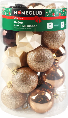 

Набор елочных шаров HOMECLUB d=6см, разная фактура, пластик,золото, жемчужный, 25шт