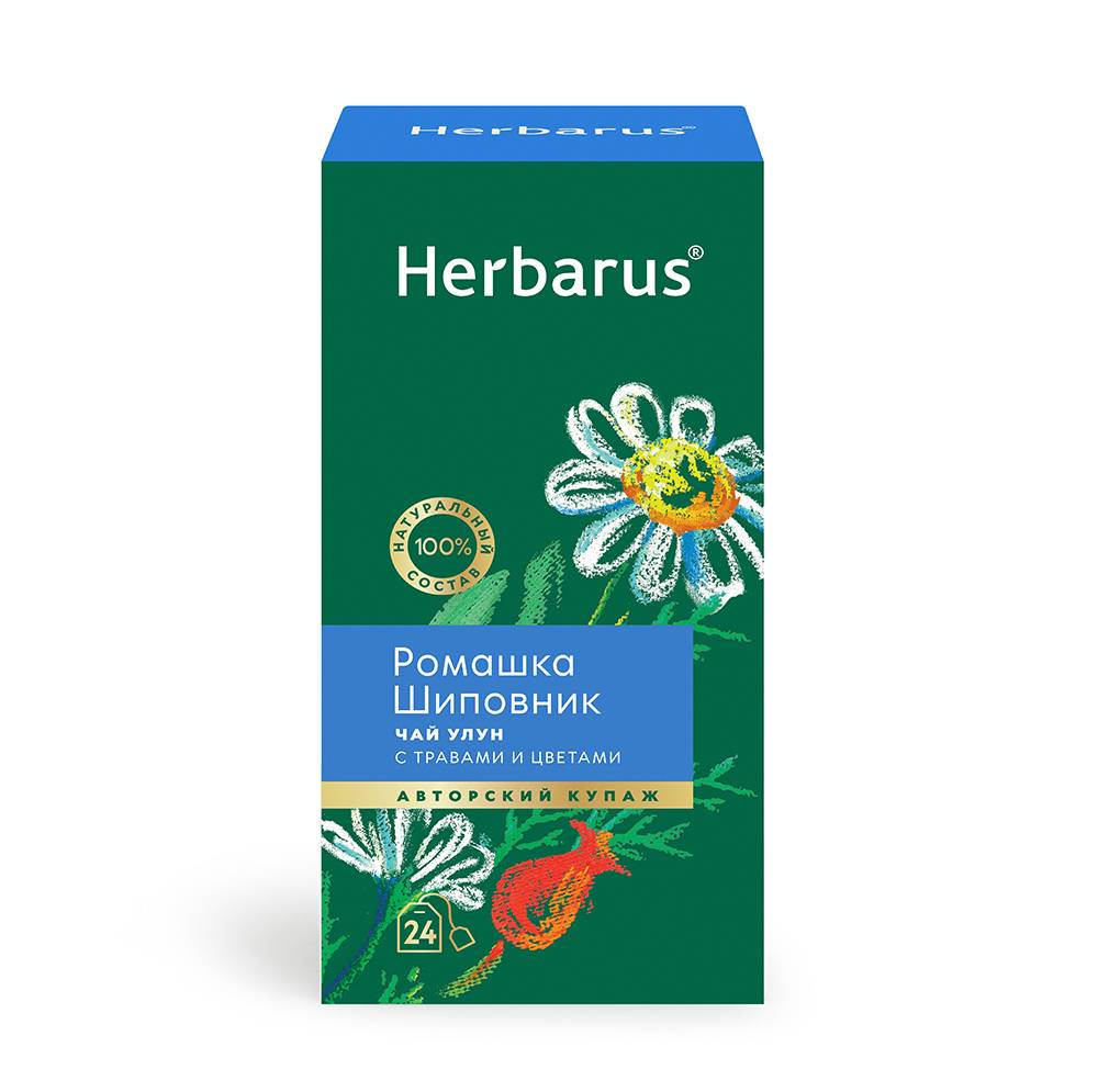 

Чай улун Herbarus с ромашкой и шиповником в пакетиках, 24 пакетика х 2 г