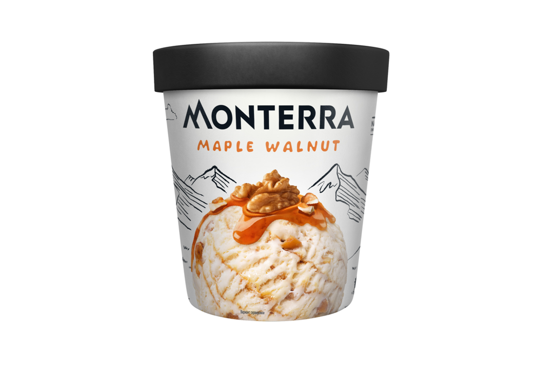 

Мороженое Monterra пломбир с грецким орехом и кленовым сиропом БЗМЖ 480 мл дизайн упаковки в ассортименте