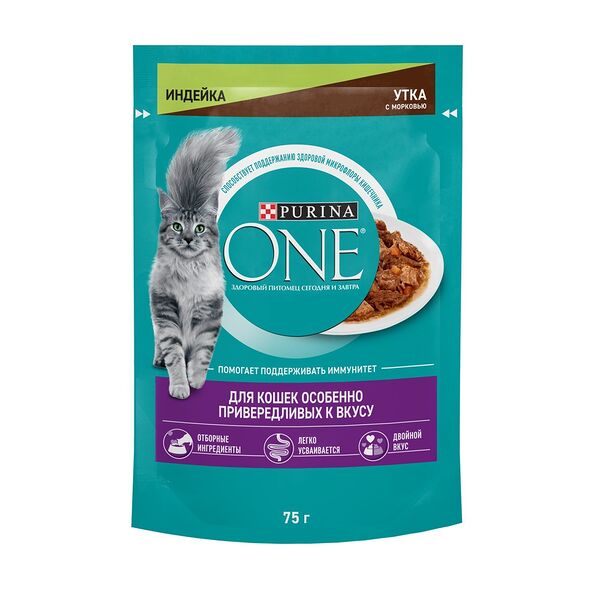 Влажный корм Purina One для кошек особенно привередливых к вкусу индейка и утка высокого качества с морковью пауч 75 г