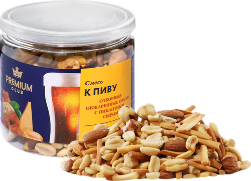 

Смесь Premium Club К пиву, миндаль, ядра арахиса обжаренные соленые и сухой сыр 180 г
