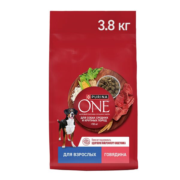 Сухой корм Purina One® для взрослых собак средних и крупных пород, с высоким содержанием говядины и с рисом 3.8 кг