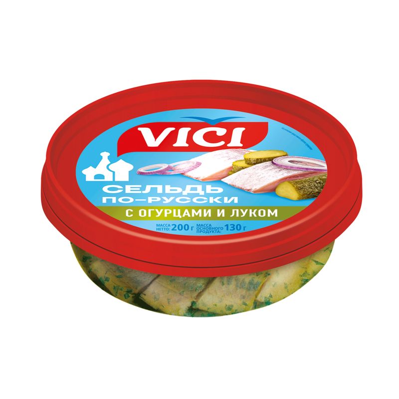

Филе-кусочки сельди Vici По-русски с огурцами и луком в масле 200 г