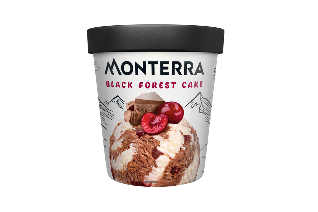 

Мороженое сливочное Monterra Black Forest Cake двухслойное шоколадное с вишней и кусочками печенья 300 г