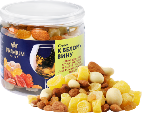 

Смесь фруктово-ореховая ЛЕНТА PREMIUM К белому вину, изюм, цукаты и ядра орехов в белой глазури