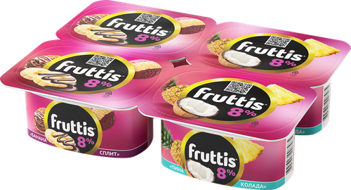 

Продукт йогуртный FRUTTIS Суперэкстра Банана-сплит/Пина колада 8%, без змж, 115г