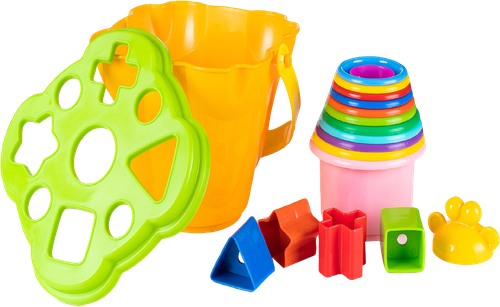 

Игровой набор Fancy Baby Жирафик пирамидка, формочки и ведро сортер