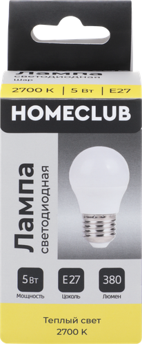 

Лампа светодиодная Homeclub шар 5 Вт E27 теплый свет арт. LED-G45-5E2727