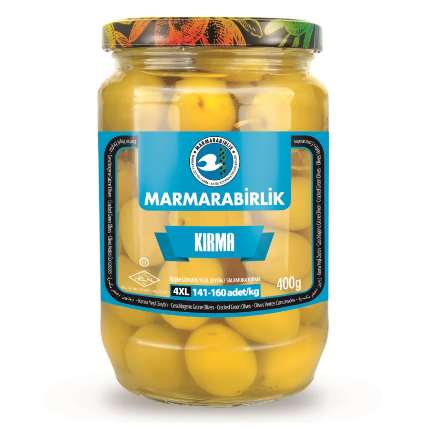 

Оливки Marmarabirlik зелёные ломаные с косточкой в рассоле 4XL 400 г