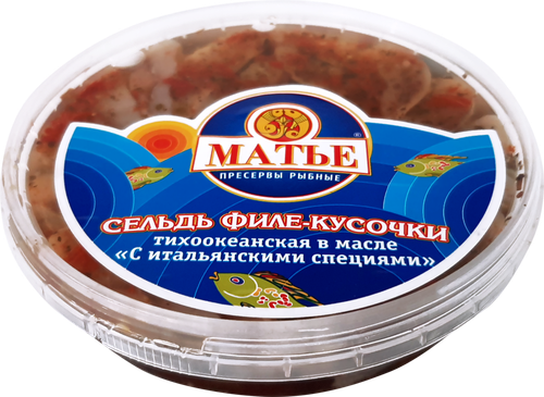 

Сельдь Тихоокеанская Матье филе-кусочки в масле с итальянскими специями, 170 г