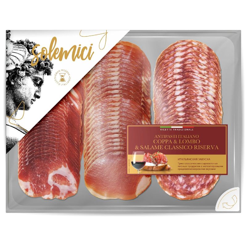

Колбаса сыровяленая Solemici Coppa, Lombo, Salame Classico Reserva нарезка 90 г