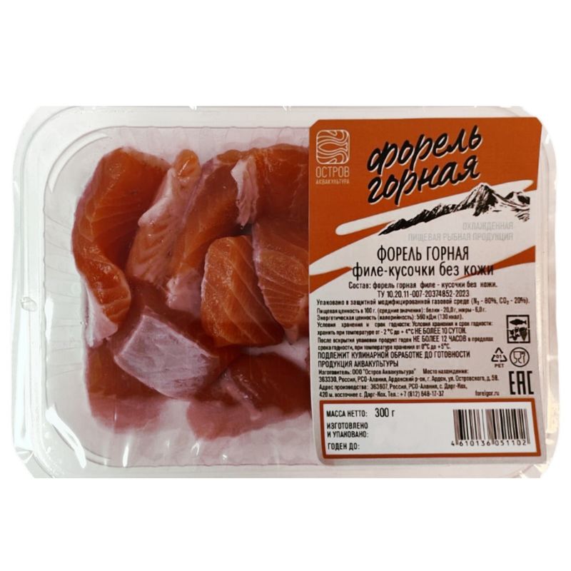 

Форель Остров Аквакультура горная филе-кусочки без кожи охлаждённая, 300 г