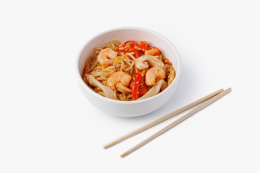 

Лапша ВкусВилл кафе бататовая с морепродуктами и соусом свит чили 230 г