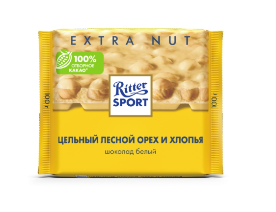 

Шоколад Ritter Sport Extra Nut белый с цельным лесным орехом и хлопьями 100 г