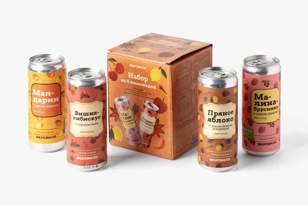 

Набор лимонадов ВкусВилл: Мандарин, Пряное яблоко, Малина-брусника, Вишня-гибискус с перцем чили 330 мл x 4 шт