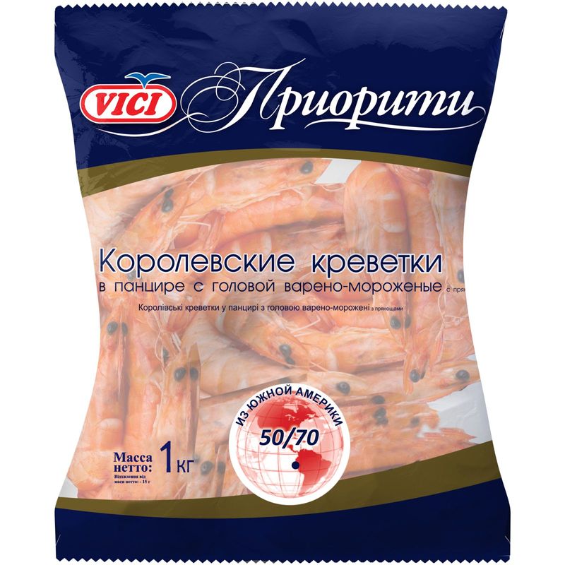 

Креветки королевские Vici Приорити 50/70 варёно-мороженые в панцире 1 кг упаковка в ассортименте