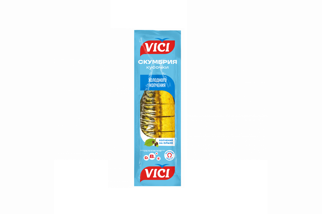 

Скумбрия кусочки Vici Атлантическая крупная холодного копчения резаная без головы