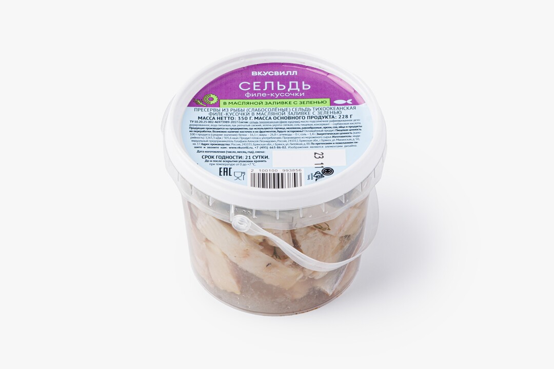 

Сельдь филе-кусочки ВкусВилл в масляной заливке с зеленью 350 г