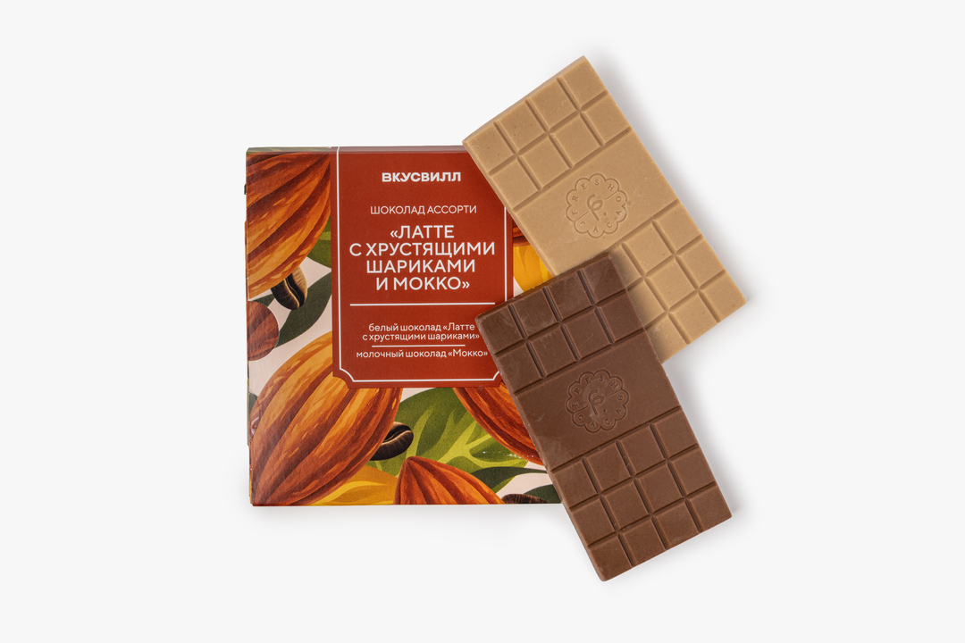 

Шоколад ассорти ВкусВилл Латте с хрустящими шариками и Мокко 50 г