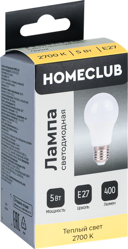 

Лампа светодиодная Homeclub груша 5 Вт E27 теплый свет арт. LED-A55-5E2727