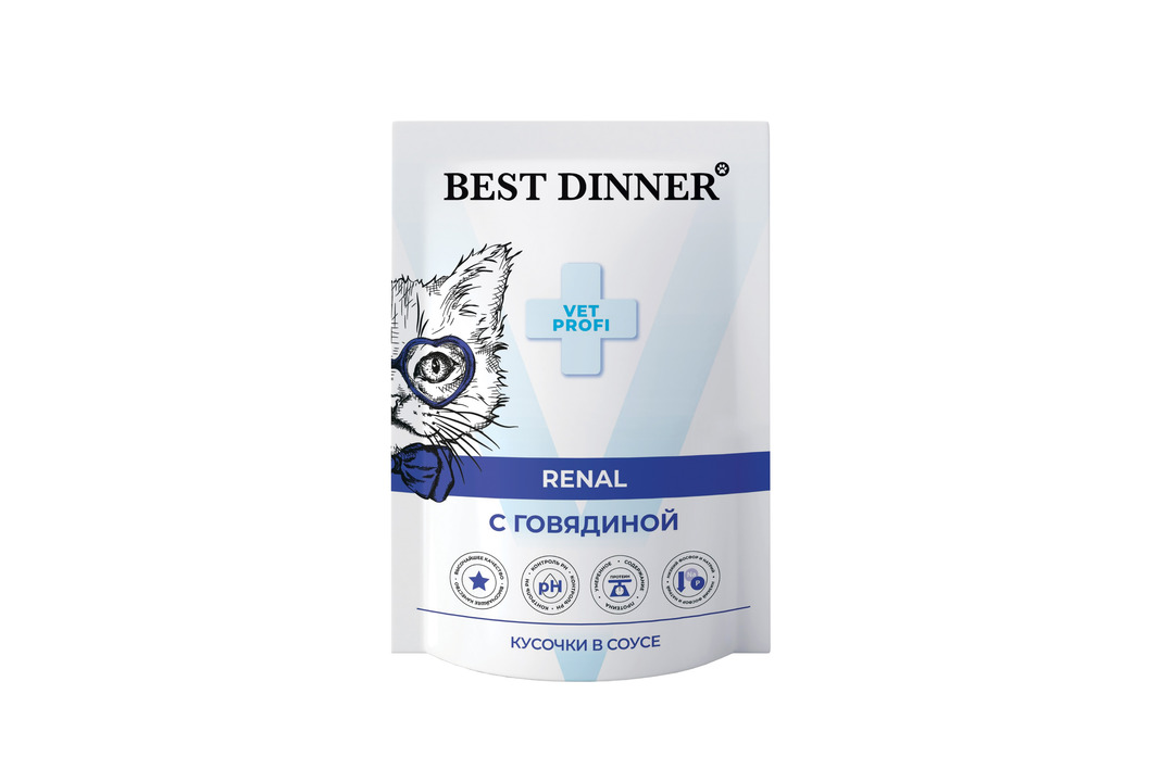 

Влажный корм для кошек Best Dinner Vet Profi Renal профилактика заболеваний почек кусочки в соусе с говядиной 85 г
