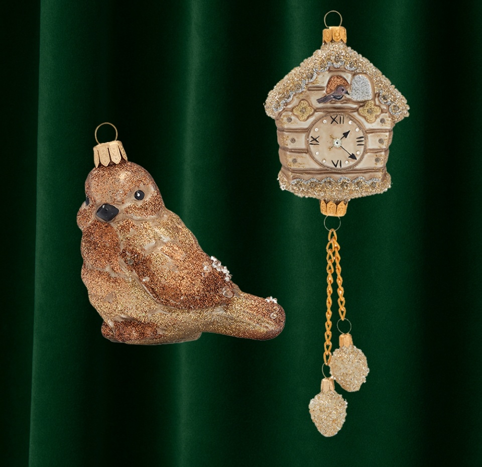 

Набор игрушек для ёлки из коллекции «Праздник»: часы с кукушкой и птица, Irena, 2 шт., стекло, цвет: золотой, Литва