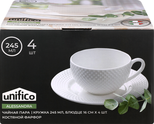 

Чайная пара Unifico Alessandra кружка 245 мл 4 шт., блюдце 16 см 4 шт. костяной фарфор