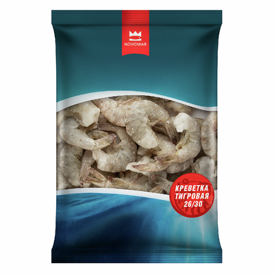 Креветки черные тигровые Океан вкуса без головы в панцире 26/30, 850 г