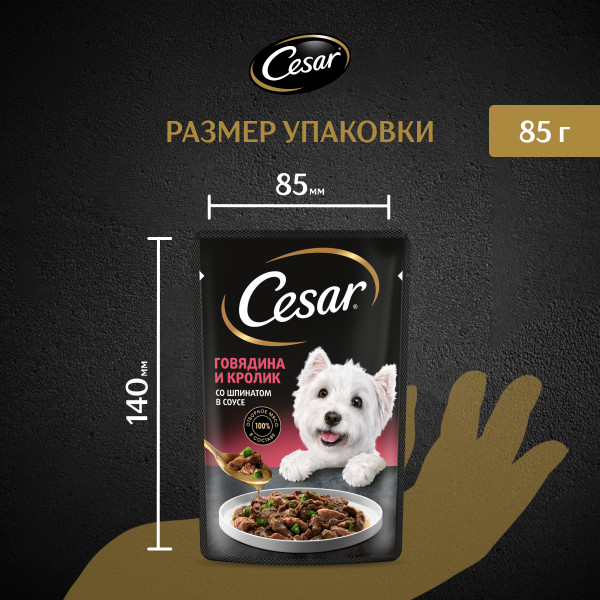 

Влажный корм Cesar для взрослых собак с говядиной кроликом и шпинатом в соусе 85 г