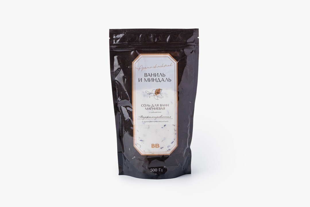 

Соль для ванн ВкусВилл магниевая парфюмированная Ваниль и миндаль с сухоцветами 500 г