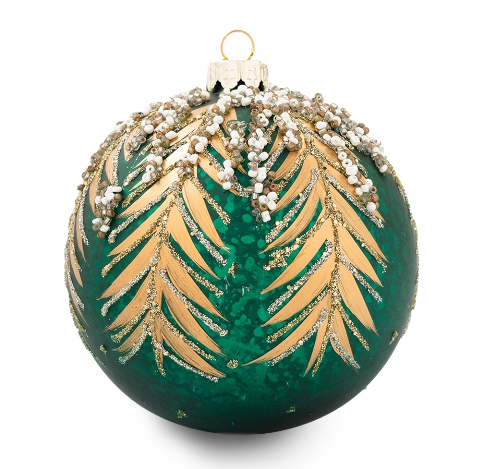 

Игрушка для елки «Коллекция Традиции» Шар с золотистым узором хвои и с бисером, цвет зеленый, стекло, 10см, Великобритания