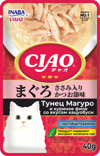 

Влажный корм Inaba Ciao Пауч (Pouch) тунец магуро куриное филе и кацуобуси с лактобактериями 40 г